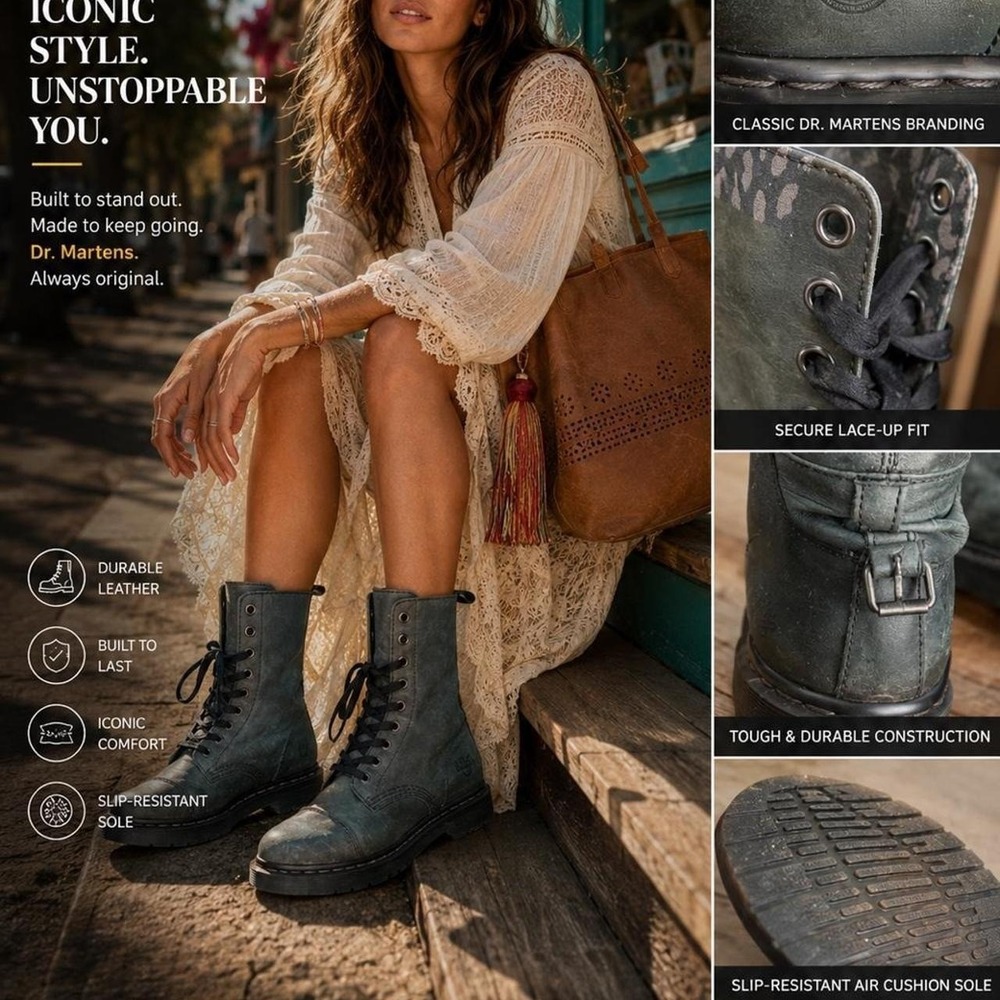Dr. Martens Tall Lace Up Green Leather Combat Boots Buckle Women's US 7 / UK‎ 5